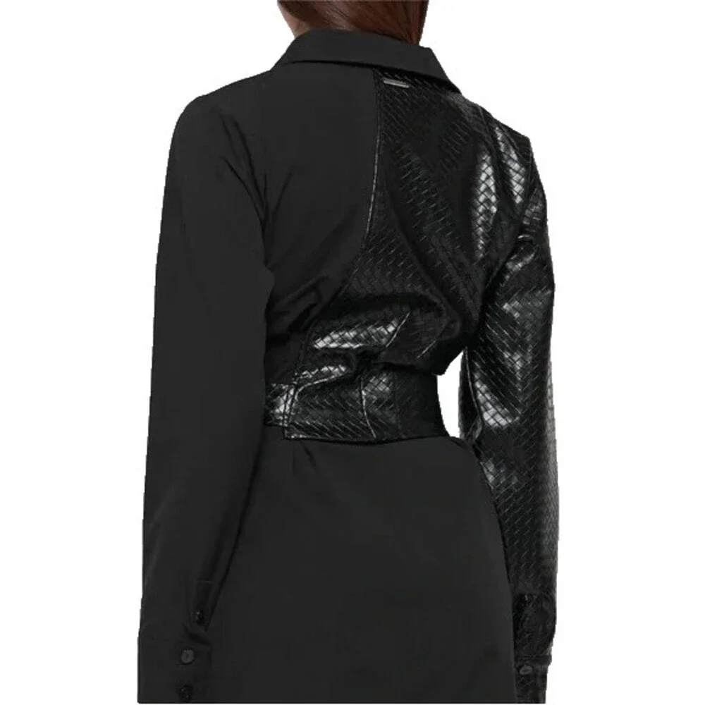 Maniere De Voir Black Woven Vegan Leather Overlay Shirt Dress Size 2 NWT - Picture 8 of 9